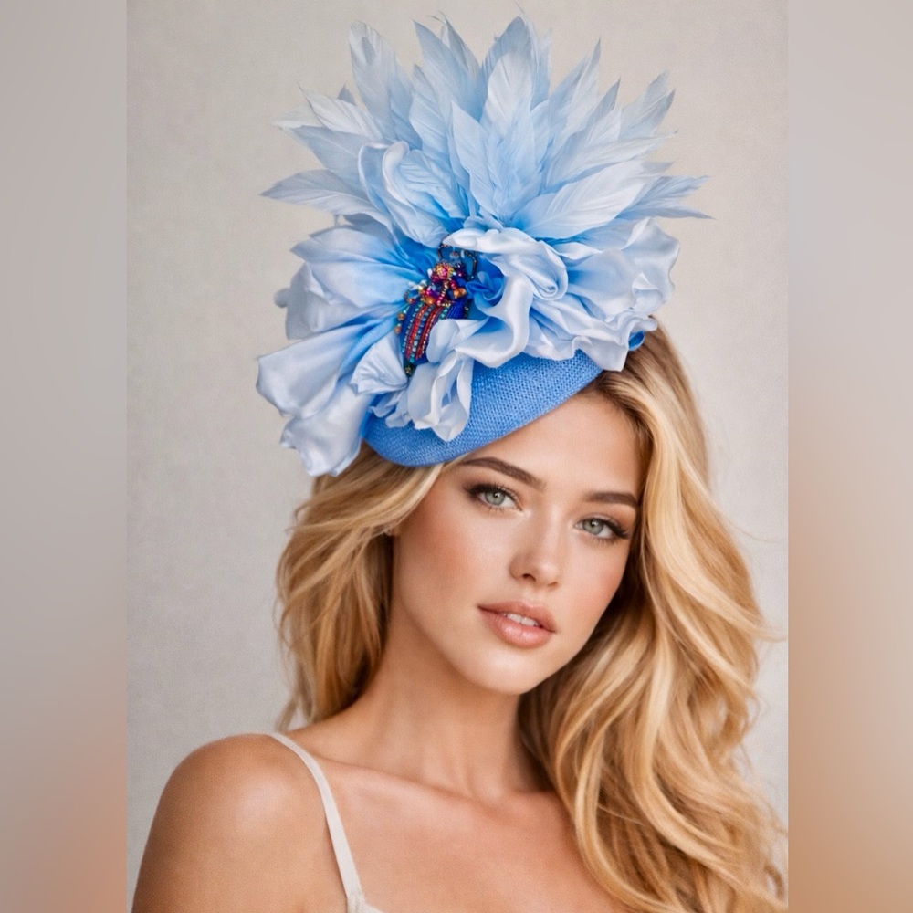 Kentucky Derby Blue Feathered Floral Fascinator Hat- Beaded Beetle Bug Statement
